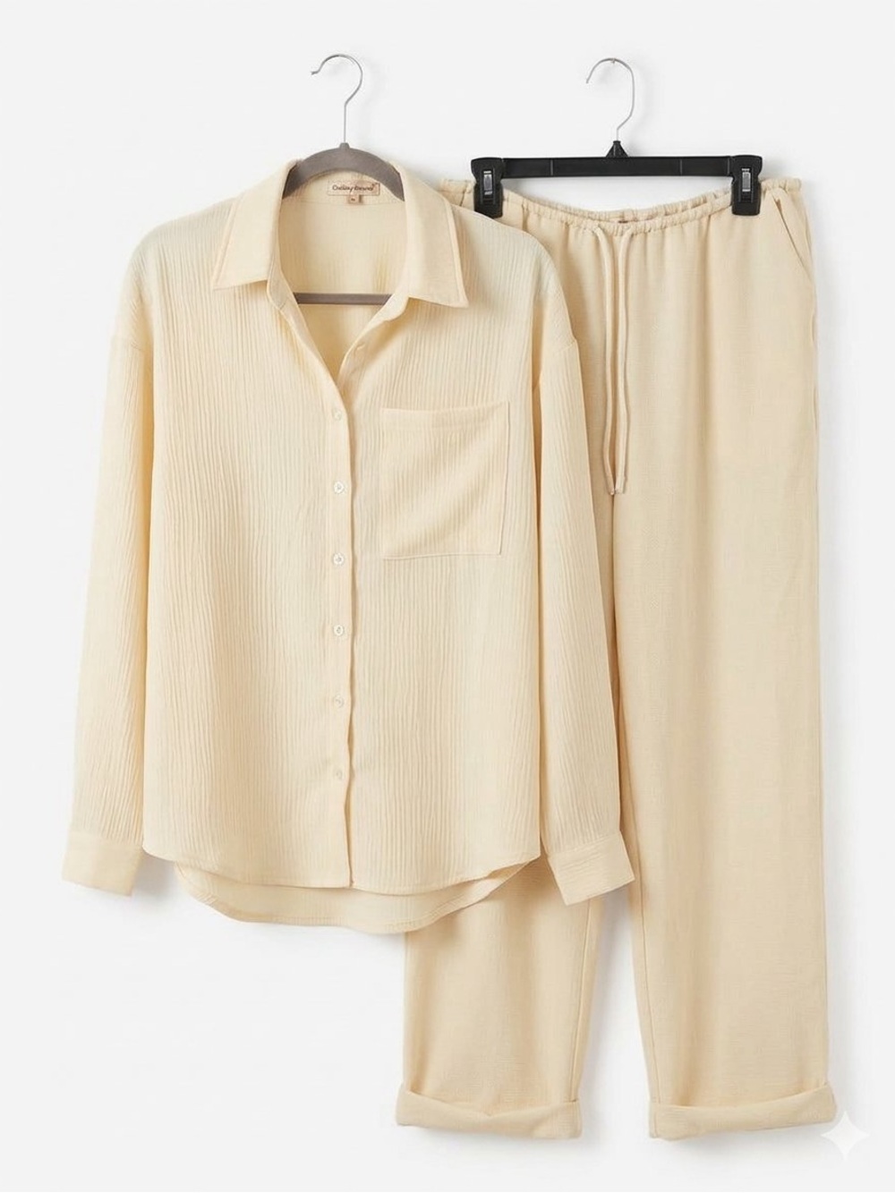 Bailey Rose Pastel Yellow Waffle Knit Loungewear Set - Button Down & Pants- L